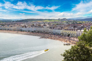 Panoramic view of beach in llandudno in Wales in a beautiful summer day, United Kingdom