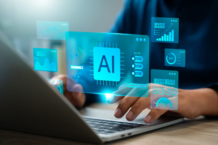 Human working with artificial intelligence to unlock work potential. AI agent support task like data analysis, Smart planning, Real time decision making, Future of efficient workplace operation.