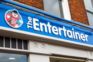 Salisbury, UK - August 3rd 2019: The Entertainer logo above the entrance to their store in the city of Salisbury in the UK.