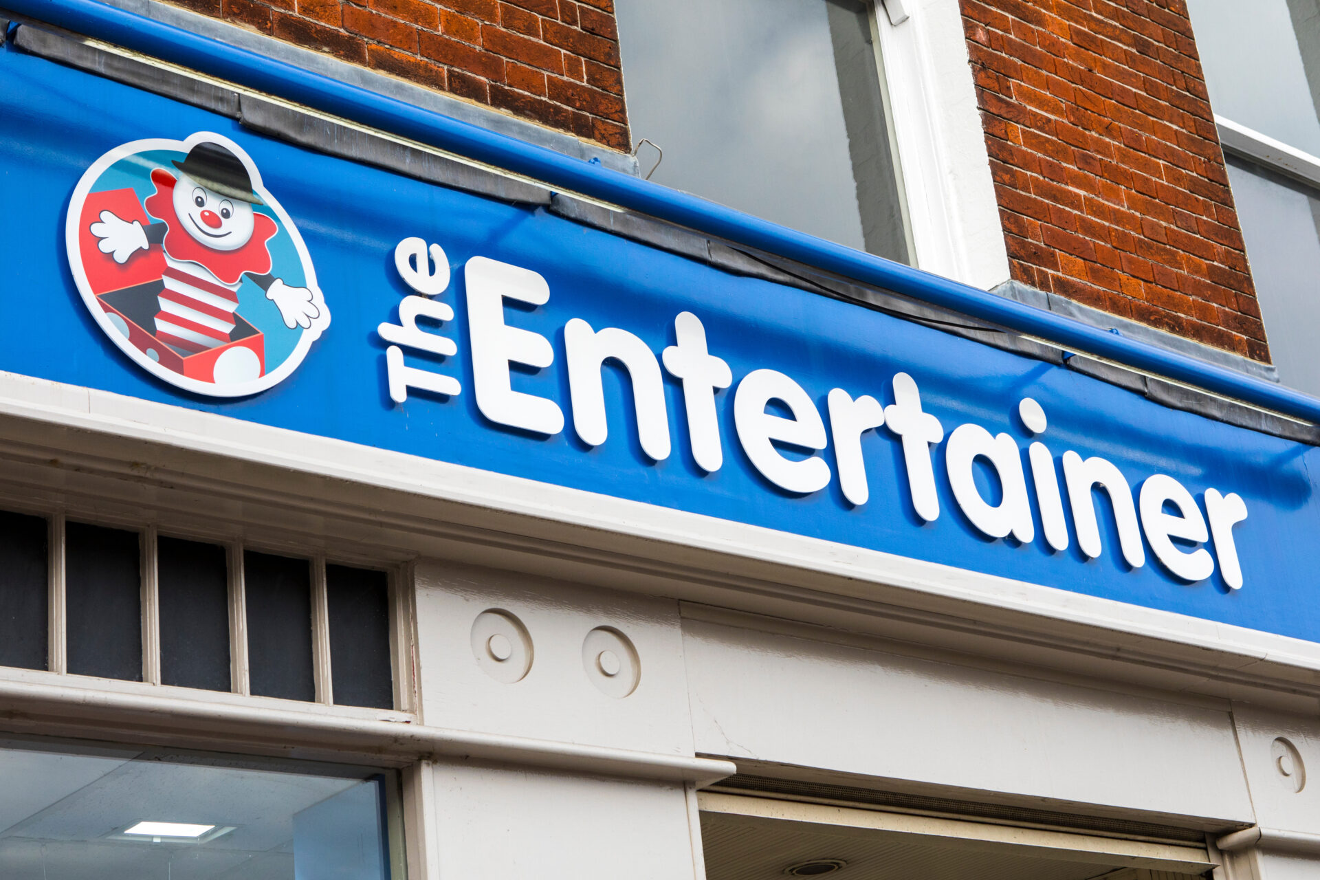 Salisbury, UK - August 3rd 2019: The Entertainer logo above the entrance to their store in the city of Salisbury in the UK.