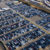 Aerial view car ship, New Cars produced up in the port for ship and import-export united kingdom