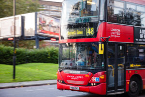 LONDON, UK - OCTOBER 27, 2012: Double Decker bus moves along street in Southwark Greater London