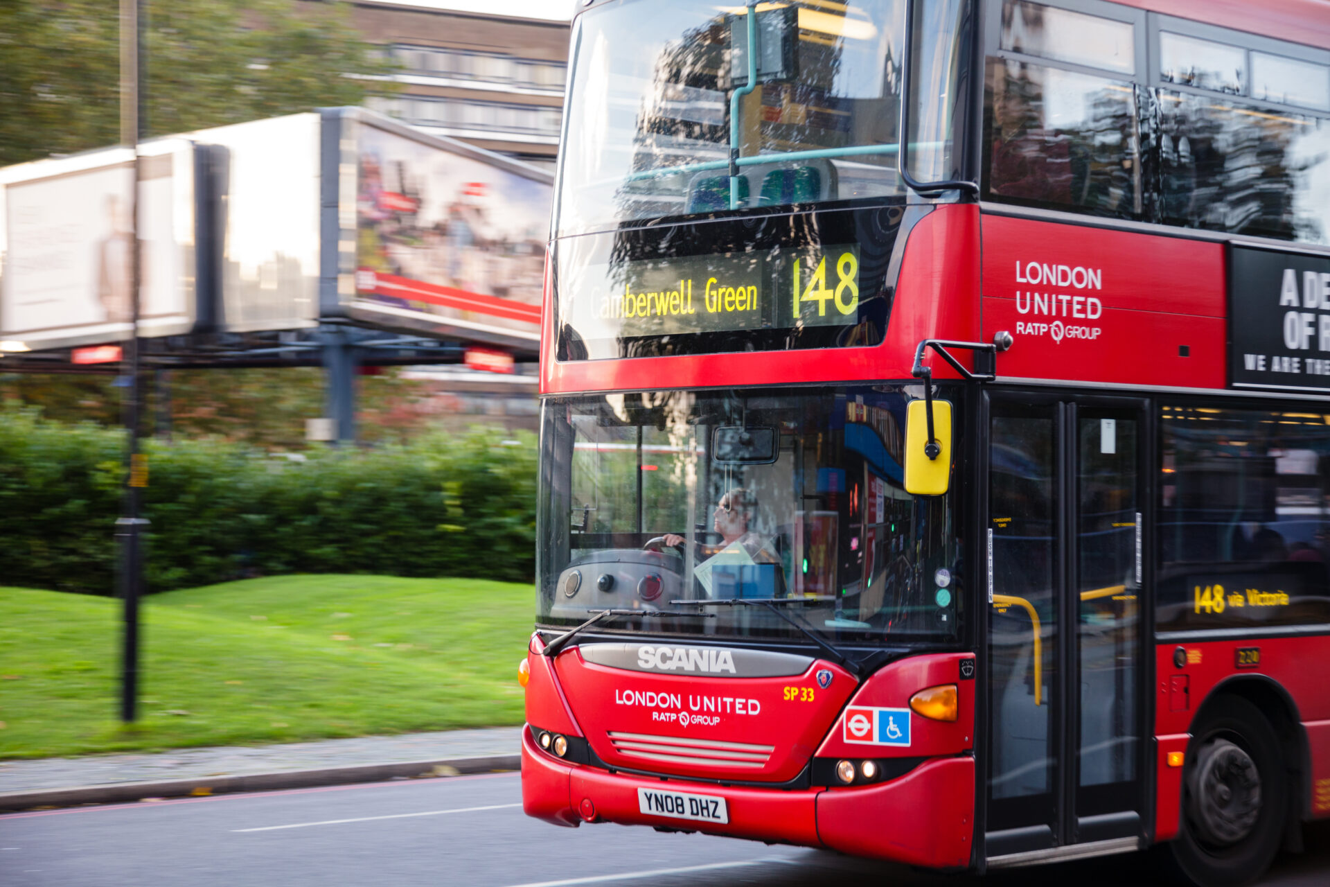 LONDON, UK - OCTOBER 27, 2012: Double Decker bus moves along street in Southwark Greater London